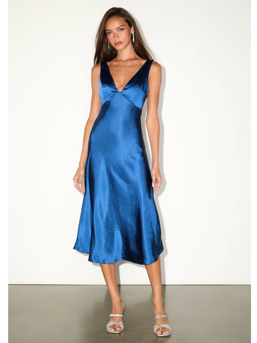 Lulus Incredible Love Navy Royal Blue Satin Cowl Back Slip Midi Dress Cocktail